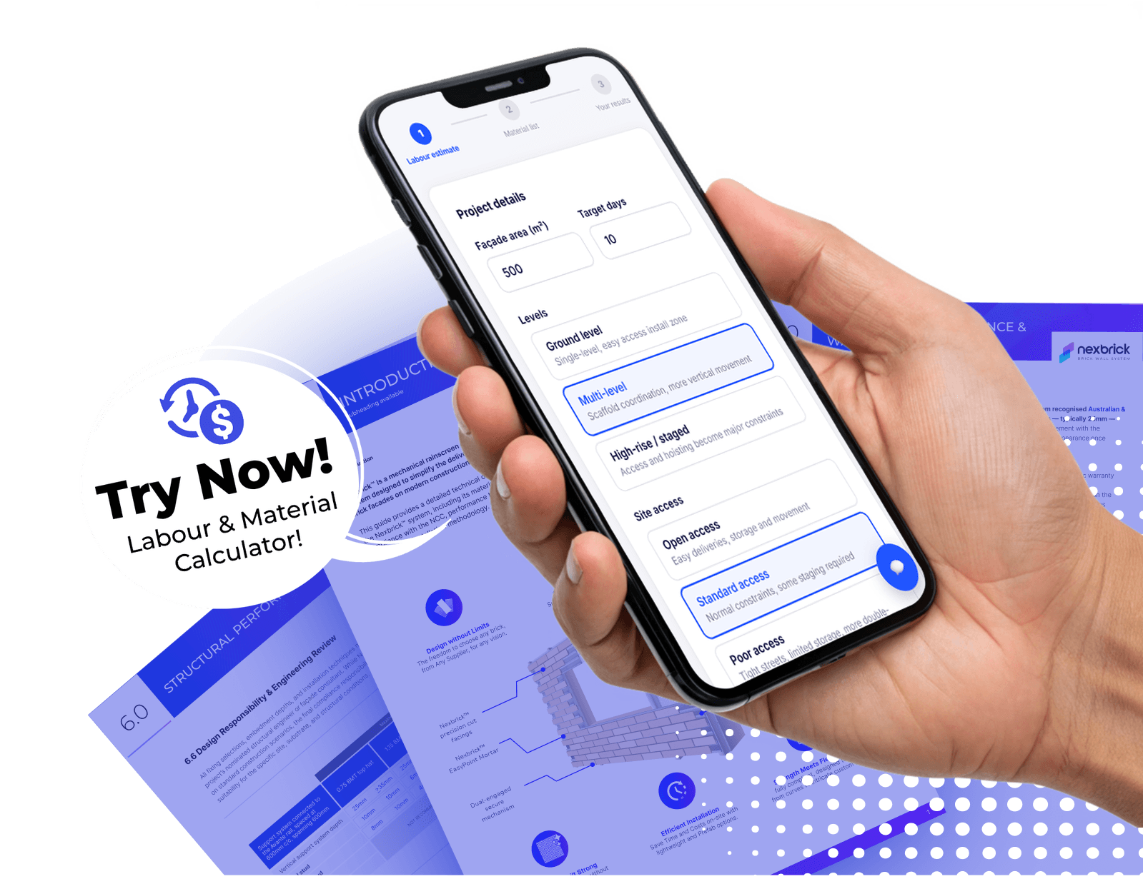 Nexbrick labour and material calculator on a phone, with Technical Manual pages