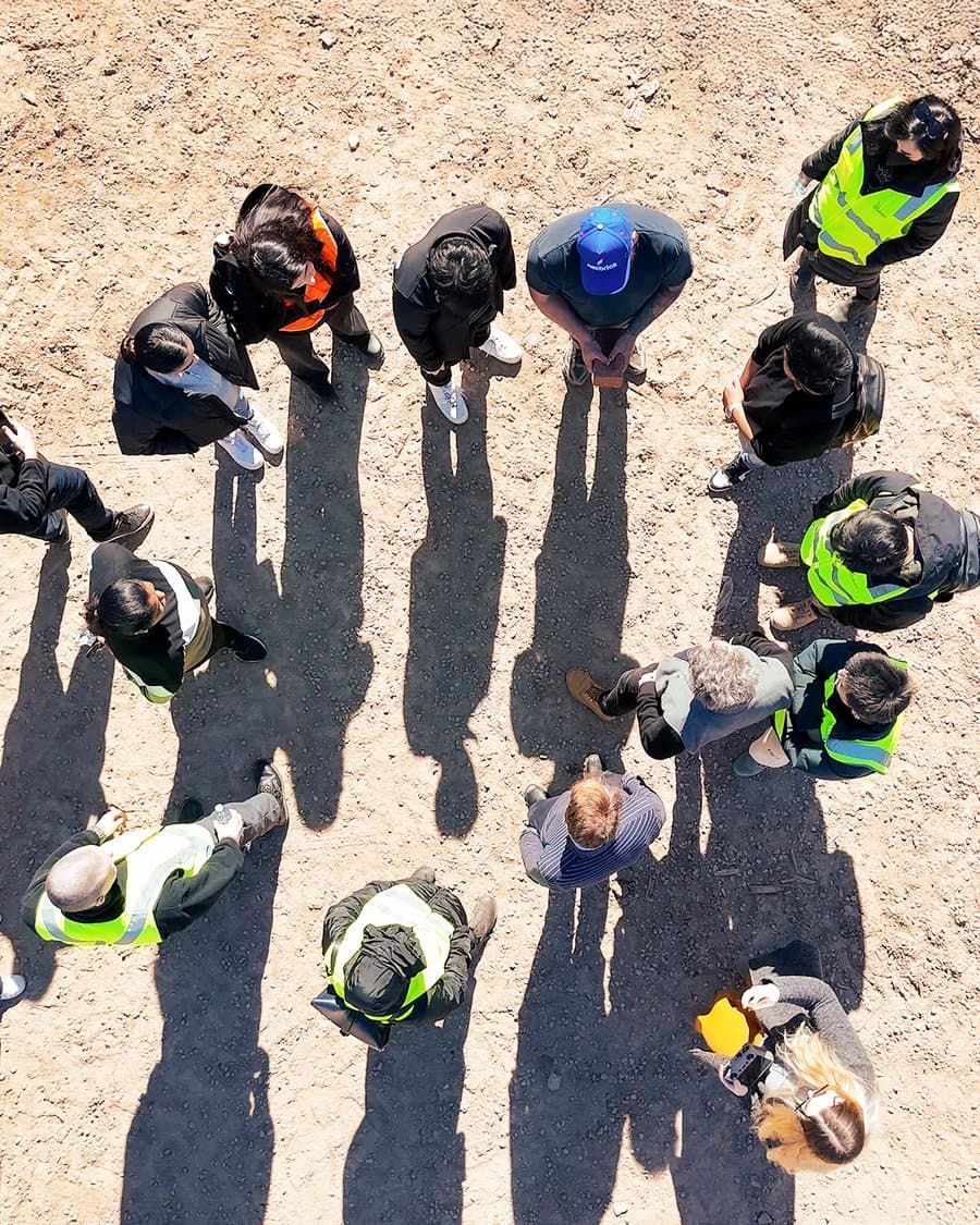 Site team reviewing setout from above