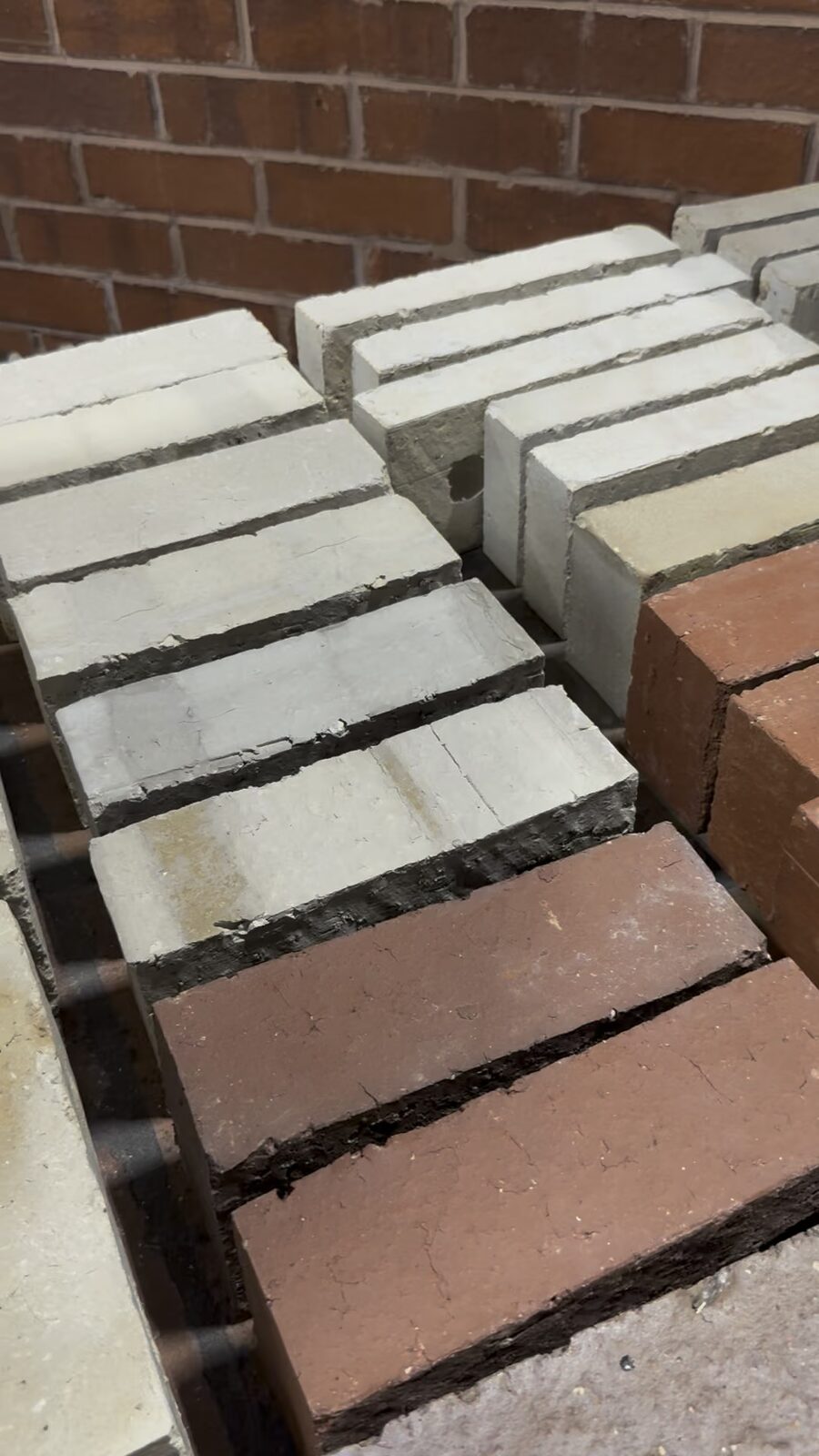 Nexbrick 25mm brick slips displayed in rows on the Krause Bricks stand at Futurebuild 2026, highlighting the thin brick-facade profile.