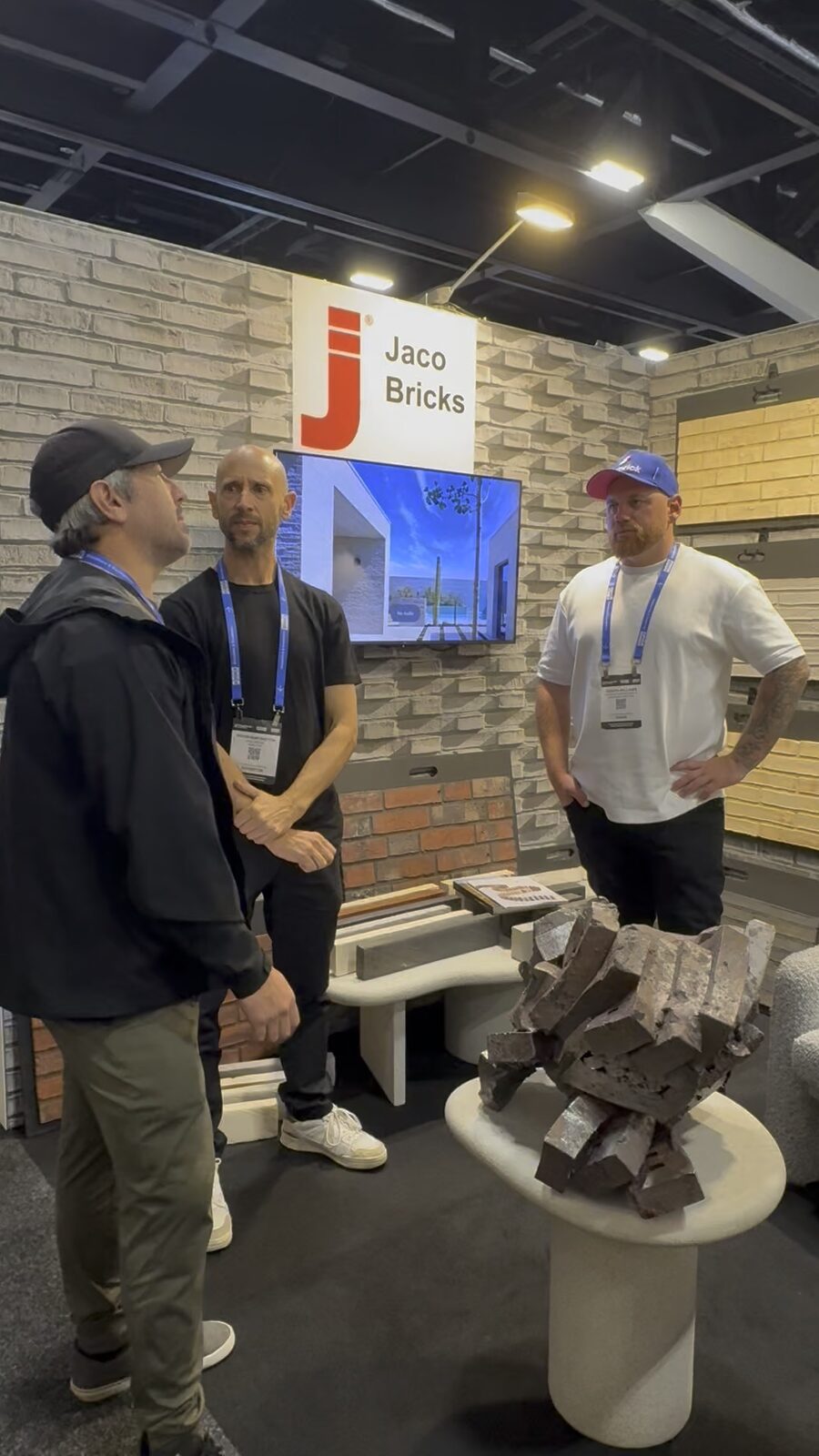 Visitors at the Krause Bricks exhibition stand at Futurebuild Australia 2026, ICC Sydney, viewing Nexbrick brick-facade displays.